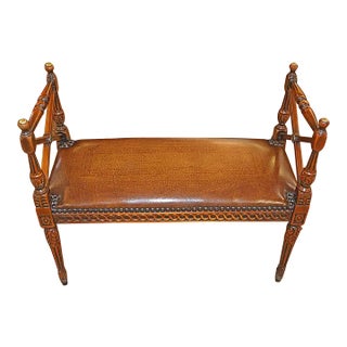 Theodore Alexander Mahogany Regency Style Brown Leather Bench For Sale