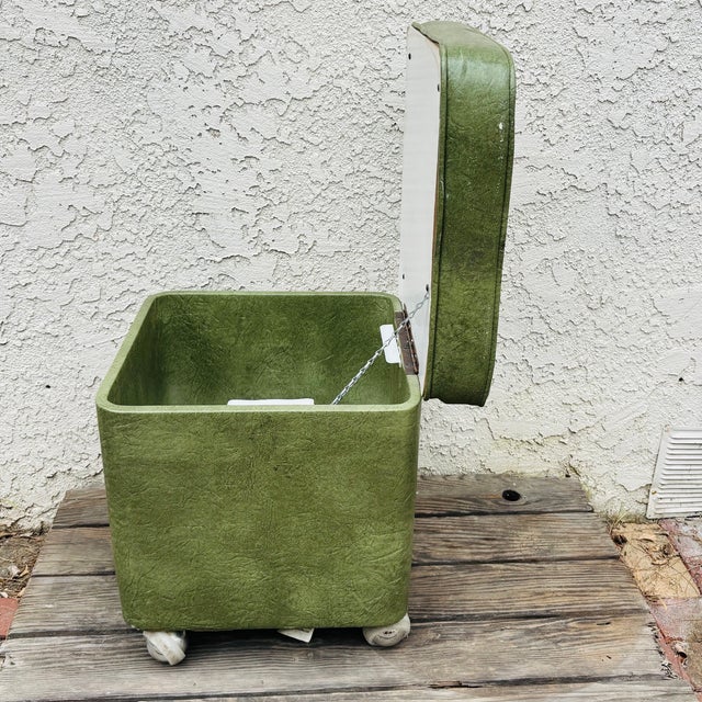 1950s Mid Century Modern Green Vinyl Storage Ottoman Hassock With Casters For Sale - Image 9 of 18