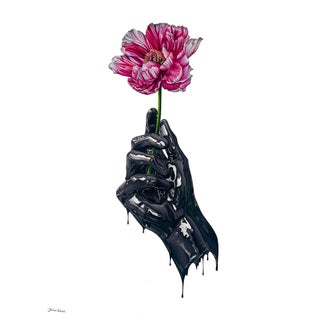 Striated Pinks by Tanner Valant | Color pencil on paper Hand holding a pink flower. For Sale