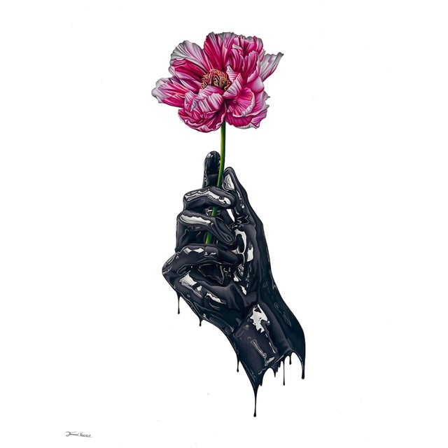 Striated Pinks by Tanner Valant | Color pencil on paper Hand holding a pink flower. For Sale