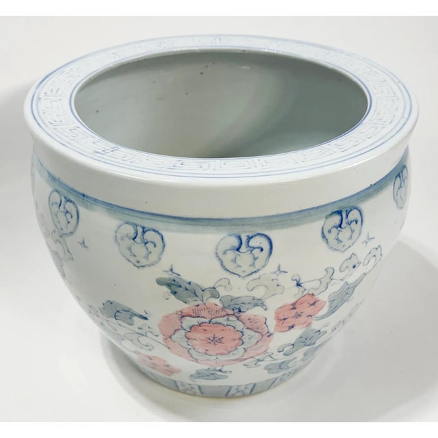 Chinoiserie Vintage Large Porcelain Pastel Floral Fish Bowl Planter Cachepot For Sale - Image 3 of 8