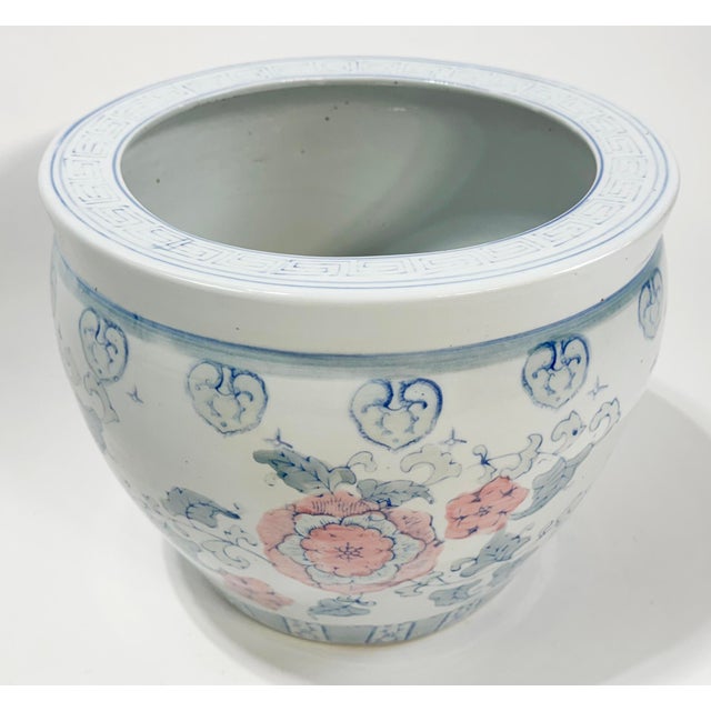 Chinoiserie Vintage Large Porcelain Pastel Floral Motif Fish Bowl Cachepot Planter For Sale - Image 3 of 8