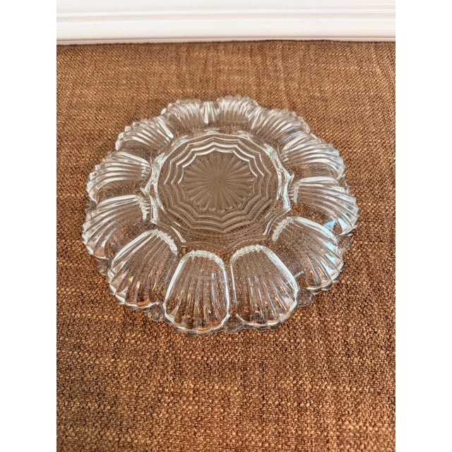 Hollywood Regency Vintage Clear Pressed Glass Oyster Plate / Shell Form Seafood Server For Sale - Image 3 of 5