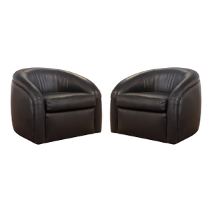 Pair of Custom Made Classic Gallery Black Leather Vintage Modern Club Chairs