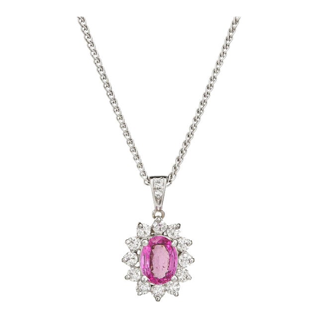 No Heat Natural Pink Sapphire Diamond Necklace 18k White Gold Vintage Jewellery size 0.47 For Sale