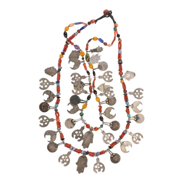 Early 20th Century Early 20th Century Charms, Coral and Silver Moroccan Necklace For Sale