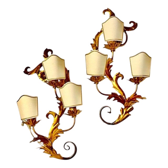 Large Florentine Gilt Wall Lamps attributed to Bianci, Italy, 1970s, Set of 2 For Sale