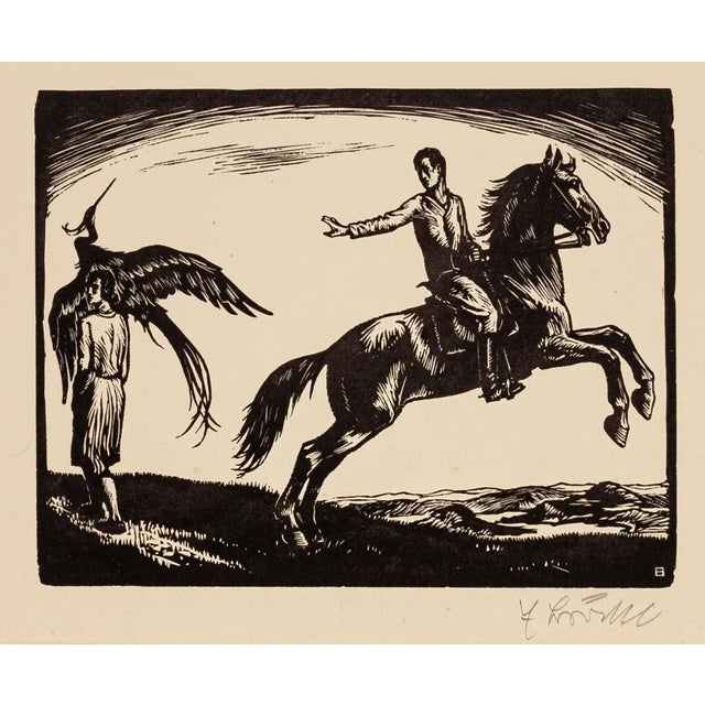 Cavalier and Lady is an original woodcut print on paper, realized by unknown Artist of the early 20th Century. Hand-signed...