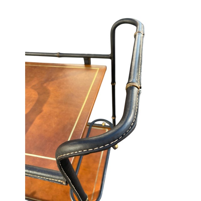 Vintage Stitched Leather Bar Cart by Jacques Adnet, 1950s For Sale - Image 4 of 13