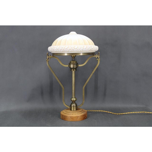 Brass Table Lamp with Wooden Base and Glass Shade, 1930s For Sale - Image 18 of 18