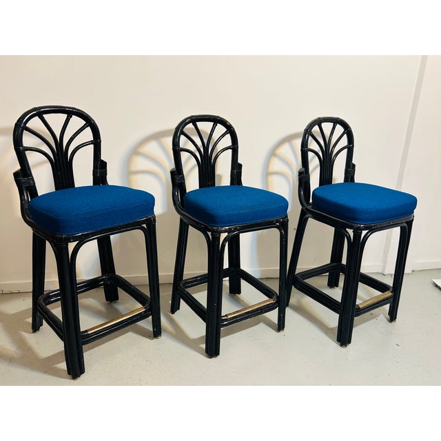 1970s Vintage Rattan Counter Stools Trio Blue Seats Fan Back For Sale In Los Angeles - Image 6 of 12