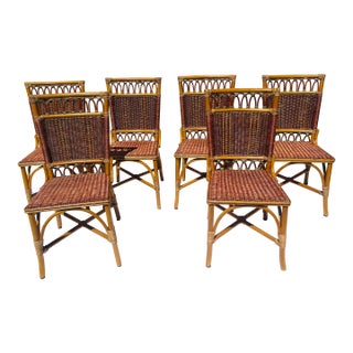 1950s Vintage McGuire Style Bamboo Woven Rattan Dining Chairs - Set of 6 For Sale