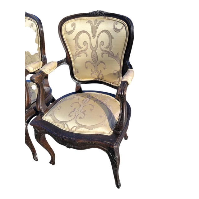 Wood Pair 1940s French Provincial Maple Louis XV Ebony Armchairs – Newly Upholstered For Sale - Image 7 of 16