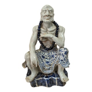 Chinese Vintage Ceramic Buddhist Sculpture,Hand Carved Blue and White Porcelain the Eighteen Arhats Statue For Sale