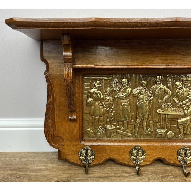 Vintage French Oak 7-Hook Coat Rack with Brass Panel For Sale - Image 3 of 10