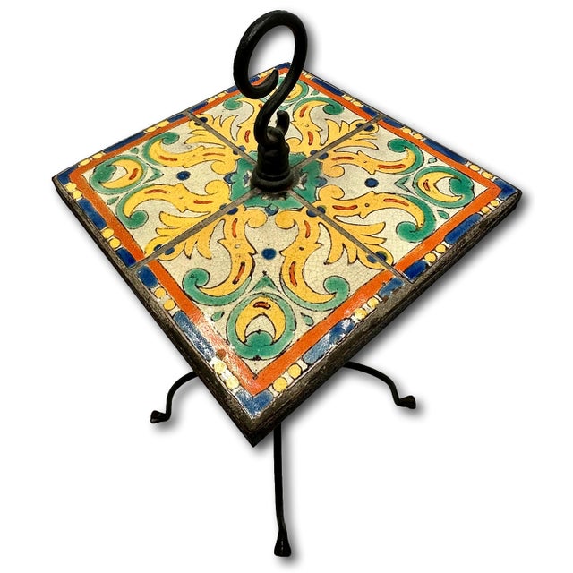 Metal Rare Vintage 1920s California Catalina Island Art Pottery Tile & Hand Wrought Iron Patio Stand - AccentTable For Sale - Image 7 of 18