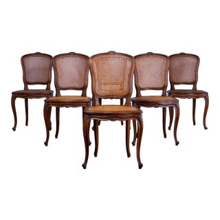 Antique French Louis XV Style Provincial Walnut Cane Dining Chairs - Set of 6 For Sale