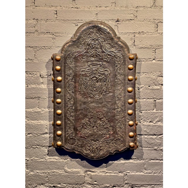 Renaissance 18th Century Portuguese Embossed Leather Panels W/Heraldic Crest & Brass Studs- A Pair For Sale - Image 3 of 12