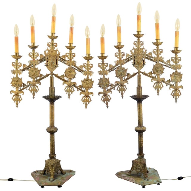European Pair of Late 19th Century Five Light Brass Candelabras For Sale - Image 9 of 9