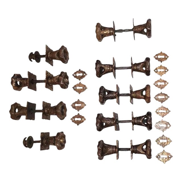 Set of 9 Art Nouveau Hand Beaten Bronze Door Handles With Plates For Sale