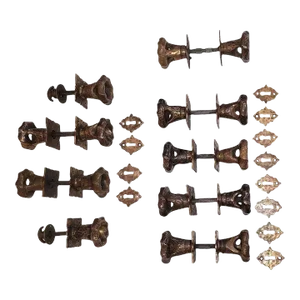 Set of 9 Art Nouveau Hand Beaten Bronze Door Handles With Plates