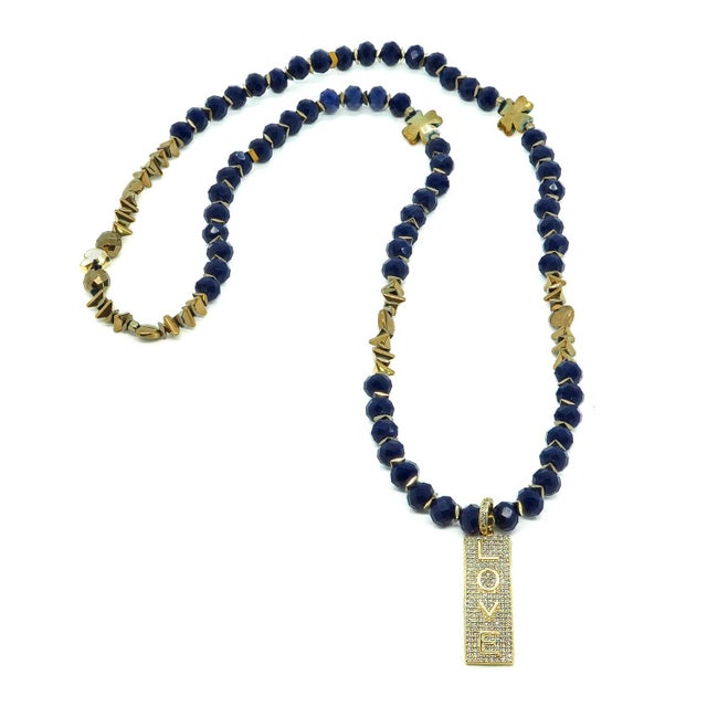 Early 21st Century Forever Loved Gold Pendant Blue Beaded Necklace For Sale - Image 5 of 12
