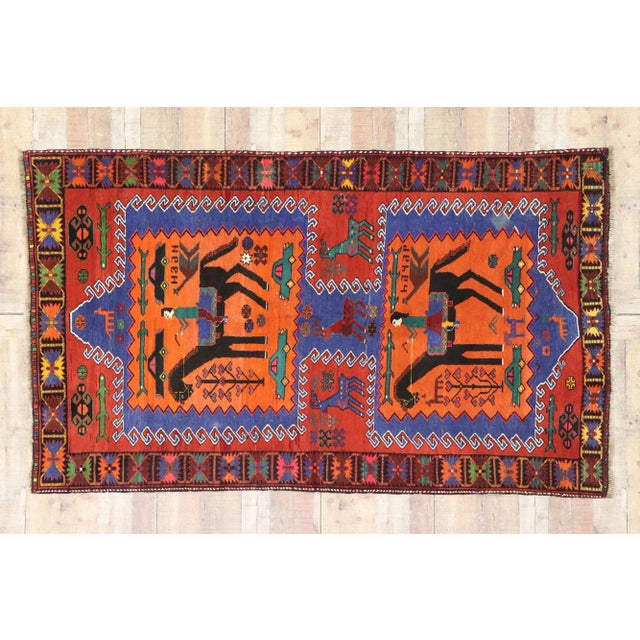 Orange Vintage Persian Gharabagh Pictorial Rug - 04'05 x 07'04 For Sale - Image 8 of 9