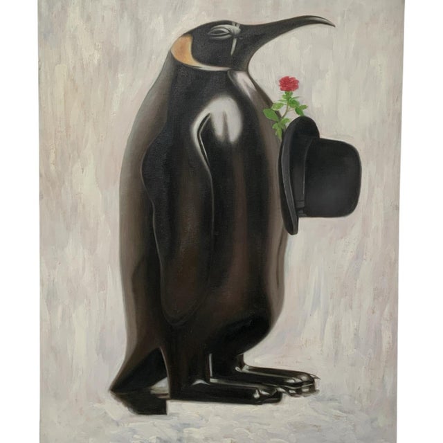 Original Francois Lucet Painting "Rendez vous d'amour" Penguin Rose Oil Canvas 29x40 Painted in USA 2019. Approx. 29" Wide...