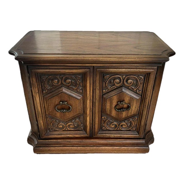 Spanish Colonial Revival Vintage Carved Solid Oak Nightstand Crafted in North Carolina by United Furniture For Sale