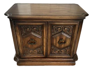 Spanish Colonial Revival Vintage Carved Solid Oak Nightstand Crafted in North Carolina by United Furniture