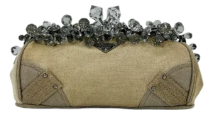 Prada Mistolino Natural Canvas Crystal Beaded Top Pochette