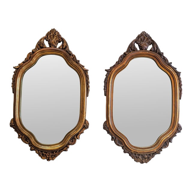 Pair of Vintage Hollywood Regency Gilt Wall Mirrors With Ornate Rococo Frames For Sale