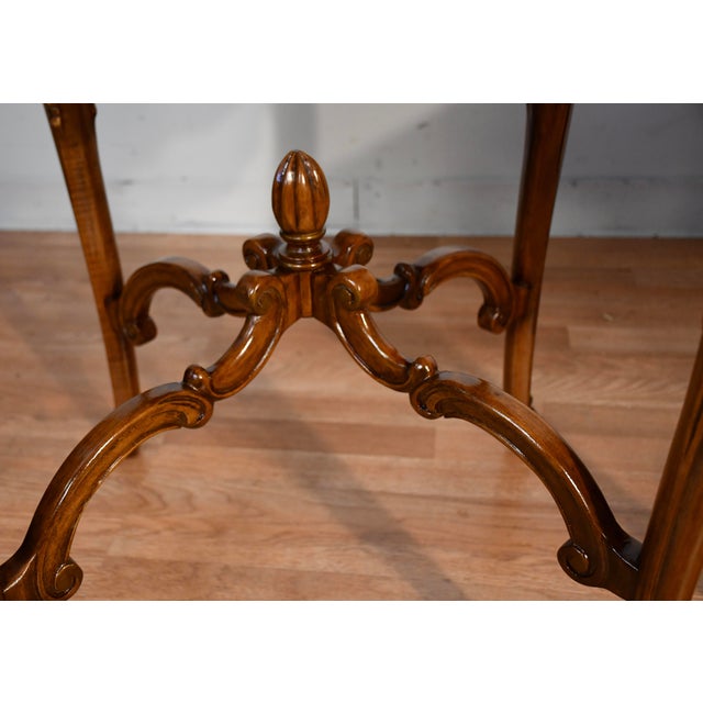 1930s French Louis XV Walnut & Satinwood Inlay Pair Side Tables / End Tables Tables For Sale - Image 11 of 14