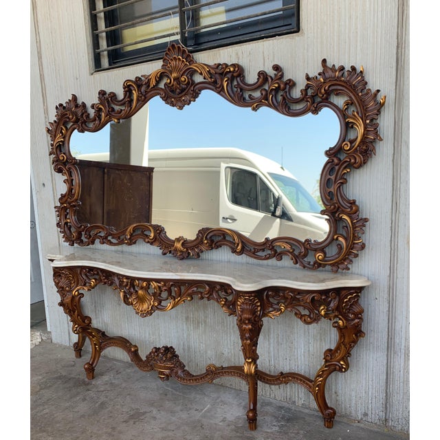 Baroque Spanish 20th Century Baroque Style Carved Walnut Ormolu and Marble Console Table For Sale - Image 3 of 9