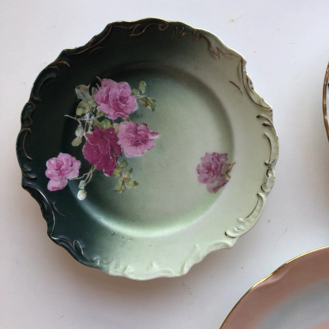 Ceramic Vintage German Porcelain Floral Design Hand Painted Wall Plates S/6 For Sale - Image 7 of 9