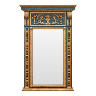 Monumental Italian Neoclassical Louis XVI Style Blue & Giltwood Trumeau Wall Mirror For Sale