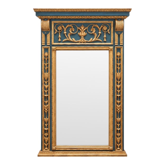 Monumental Italian Neoclassical Louis XVI Style Blue & Giltwood Trumeau Wall Mirror For Sale