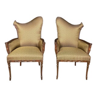 Mid 20th Century Pair of Hollywood Regency Neoclassical Carved Wingback Armchairs For Sale
