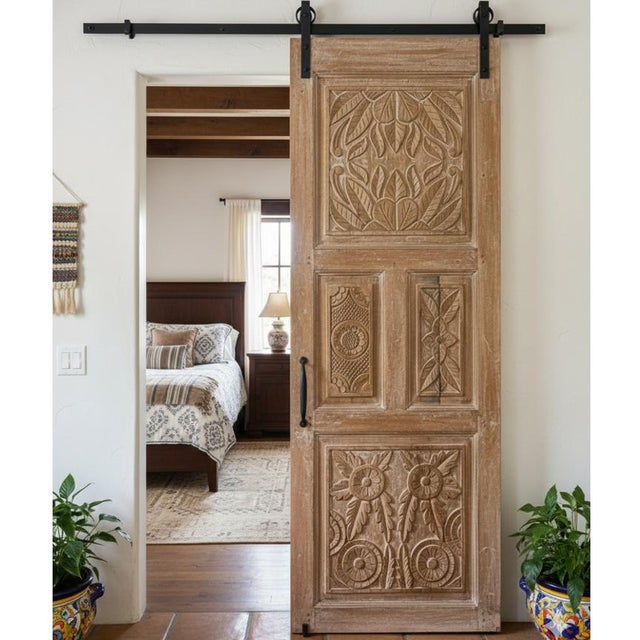 Brown Antique Whitewashed Hand-Carved Wooden Door – Rustic Hinged or Sliding Barn Door 80x30 For Sale - Image 8 of 8