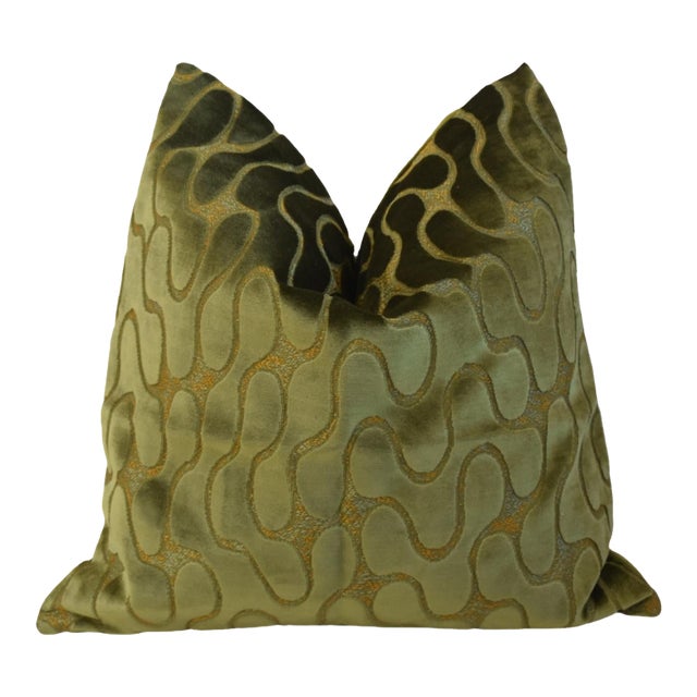 Mid-Century Modern Style Abstract Green Velvet Feather/Down Pillow For Sale