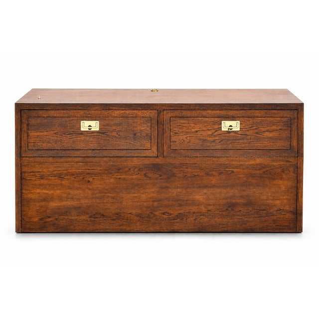 Wood 1980s Henredon Campaign-Style Queen Headboard With Built-in Storage – Oak & Brass For Sale - Image 7 of 9