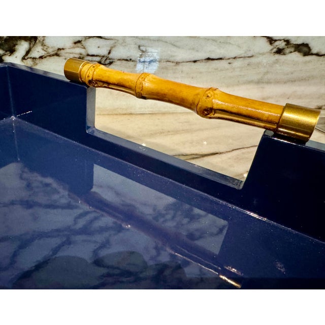 Rustic European Bamboo Handled Navy Blue Lacquered Tray For Sale - Image 3 of 5
