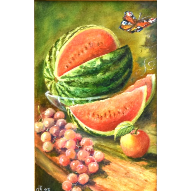 Harvest Fruit Tablespace Oil Painting, Artist Signed Including the Antiqued Gold Wood Frame For Sale - Image 4 of 7