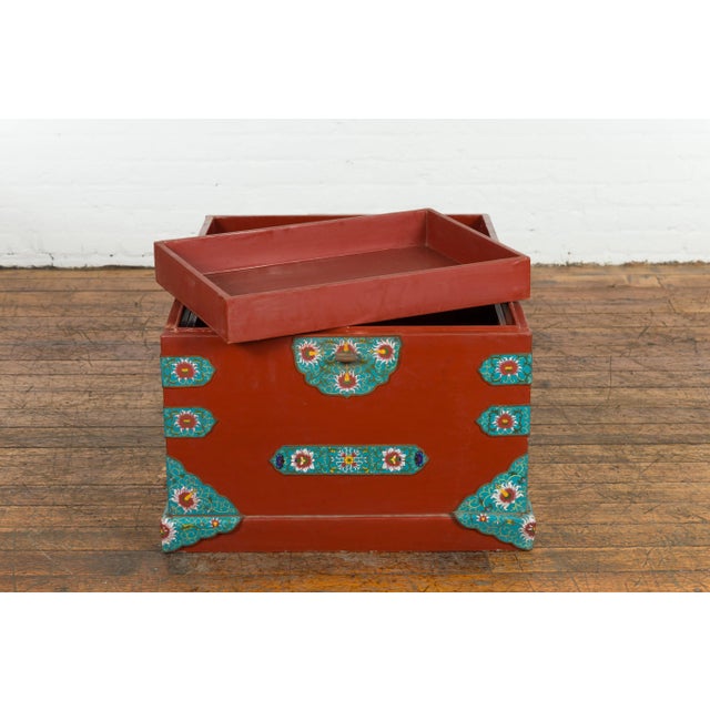 Mid 20th Century Chinese Vintage Blanket Chest with Red Lacquer and Cloisonné Floral Décor For Sale - Image 5 of 13