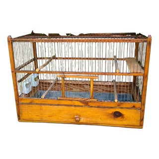 Large Antique Wooden Birdcage with Porcelain Feeders, 1920s-1950s For Sale