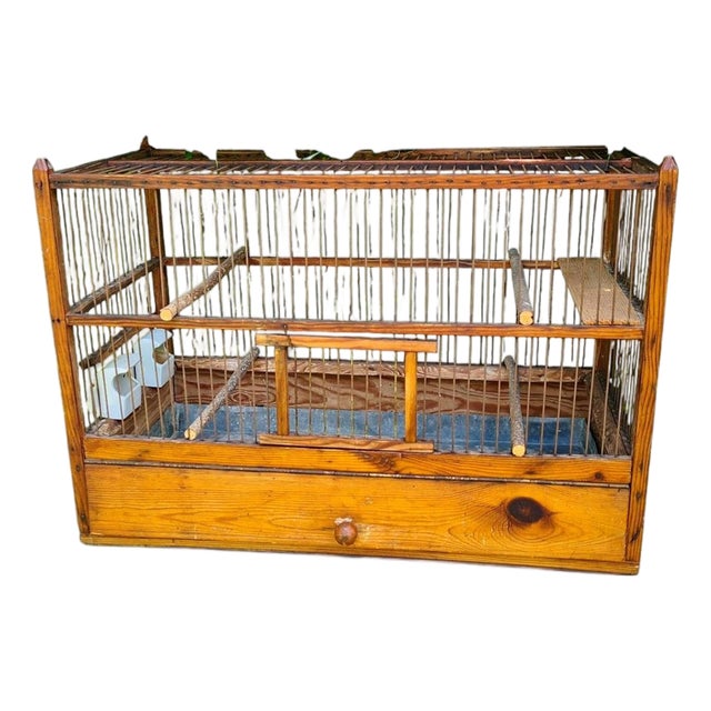 Large Antique Wooden Birdcage with Porcelain Feeders, 1920s-1950s For Sale