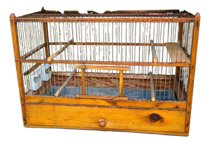 Large Antique Wooden Birdcage with Porcelain Feeders, 1920s-1950s