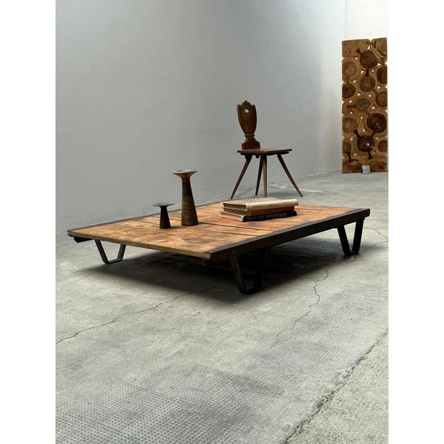 Extraordinary and rare industrial coffee table from an old, massive palette in steel and solid wood, Germany 1930s / 1940s...