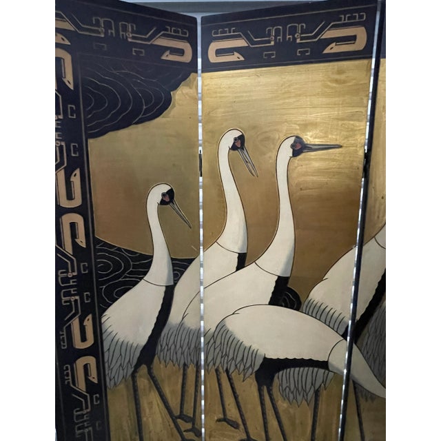 Japanese Asian Room Divider Crane & Gold Leaf Four-Panel Screen For Sale - Image 3 of 7