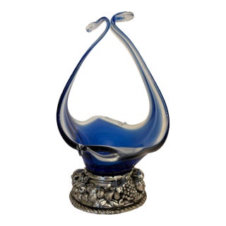 1960s Murano Style Hand Blown Glass Art Basket With Silver Base For Sale